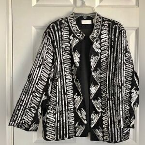 Chicos Black White Open Front Blazer Jacket Large Size 2 Geometric Ribbon Ps2